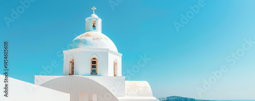 White Domed Church  Iconic Cycladic Architecture Against Clear Blue Skies Serene Mediterranean Landscape and Traditional Island Charm