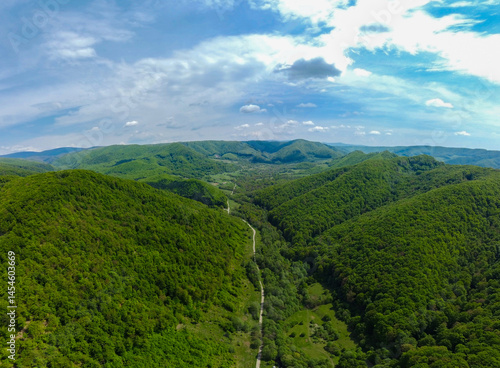 Obraz na płótnie Aerial landscape with hills and green deciduous forests w salonie