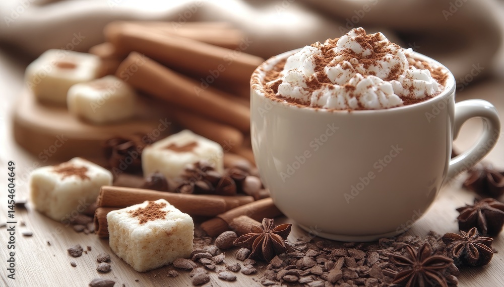 Warm, creamy hot chocolate beverage with spices Warm, creamy hot chocolate beverage with spices