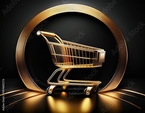 gold shopping cart on black glossy circle banner