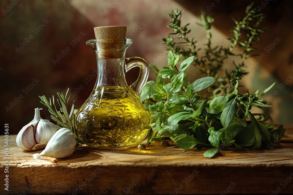 Olive Oil Bottle with Fresh Garlic and Aromatic Herbs on Wooden Surface Olive Oil Bottle with Fresh Garlic and Aromatic Herbs on Wooden Surface