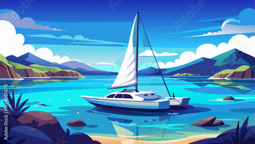 A single catamaran floats calmly in the lagoon, anchored in still waters like a silent observer of beauty.
Its white sails contrast elegantly with the deep blue below.
This lonely vessel adds a sense 