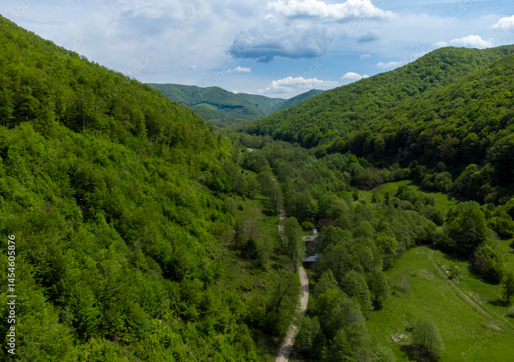 Aerial view of a valley between hills with green deciduous forests