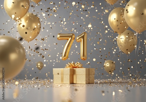Festive Gold 71 Celebration with Balloons and Confetti Decoration