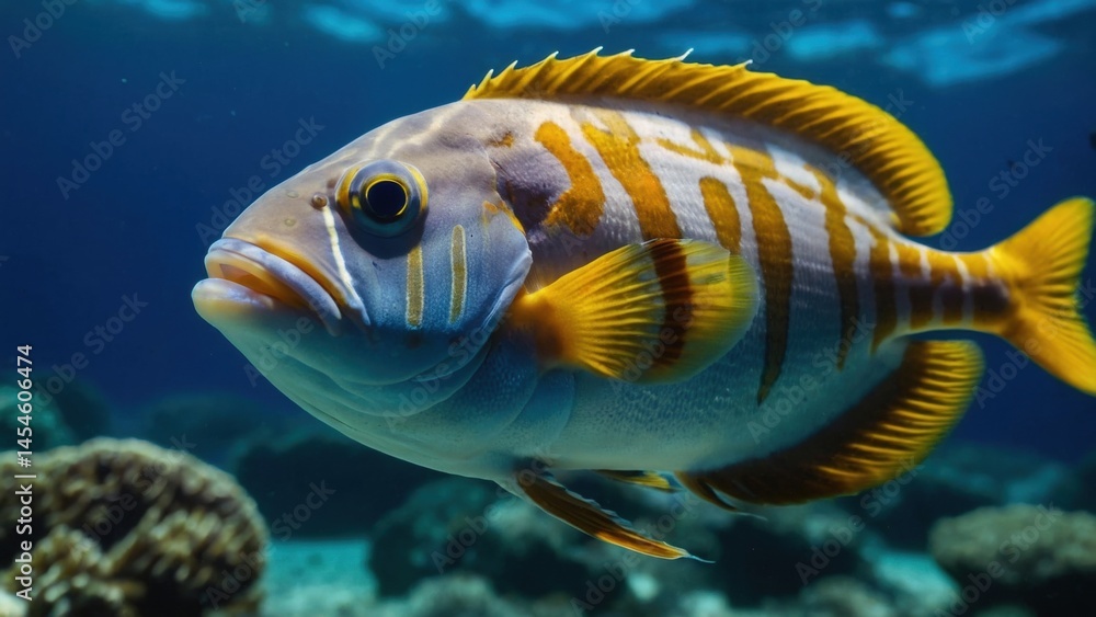 Fototapeta premium Vibrant reef fish swims gracefully in the clear turquoise water of a tropical underwater environment near a coral formation.