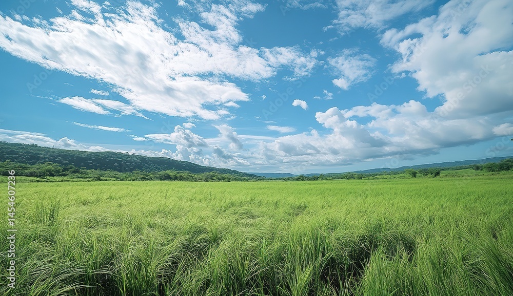 Fototapeta premium Vast Green Field Under Sunny Blue Sky