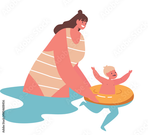 Mother teaching child swimming vector illustration