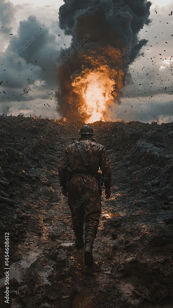 Obraz premium Lone figure trudges towards a fiery blast in a war-torn landscape, symbolizing resilience amidst devastation.