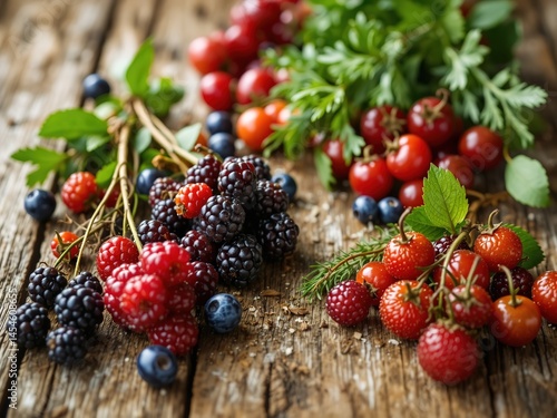 Rustic Wooden Surface with Fresh Berries and Herbs for Product Display