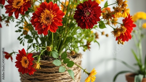 Rustic Red & Yellow Flowers in Rope Pot, Outdoor Decor