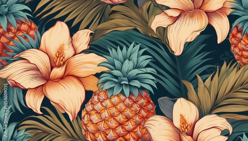 Wallpaper Mural vintage seamless tropical flowers with pineapple pattern background generative ai Torontodigital.ca