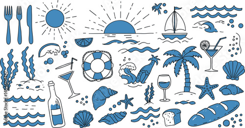 summer, abstract, wave, chalk, charcoal, doodle, scribble, grunge, vignetting, scratch, drawing, blue, vector, illustration, sea, beach, vintage, coastal, mediterranean, background, icon, print, hand,