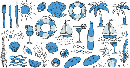 summer, abstract, wave, chalk, charcoal, doodle, scribble, grunge, vignetting, scratch, drawing, blue, vector, illustration, sea, beach, vintage, coastal, mediterranean, background, icon, print, hand,
