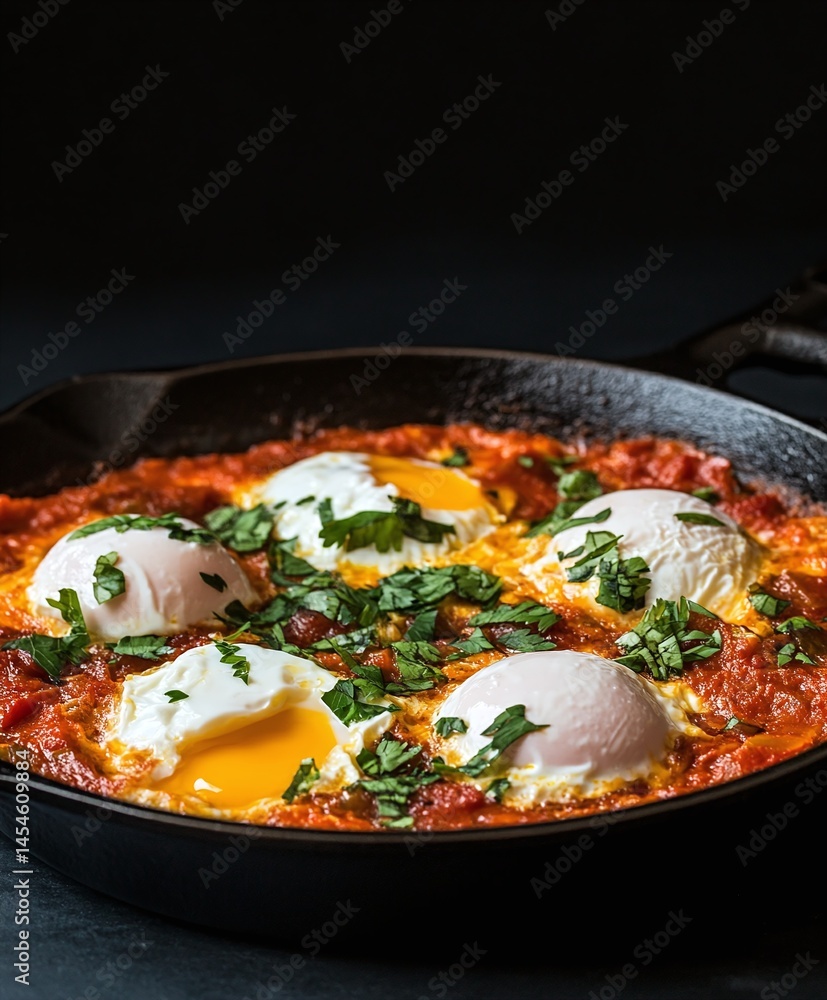 Delicious Baked Eggs with Tomato Sauce and Fresh Herbs in a Cast Iron Skillet Delicious Baked Eggs with Tomato Sauce and Fresh Herbs in a Cast Iron Skillet