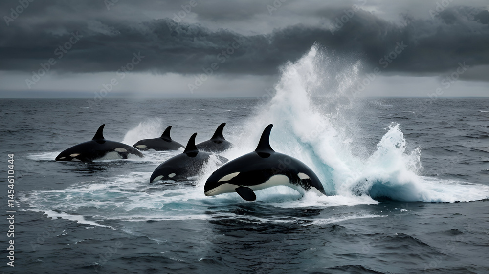 Fototapeta premium orca whales jumping out of water