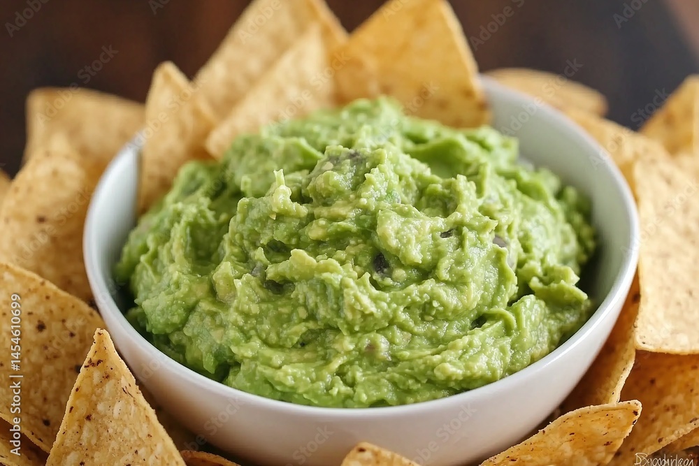 Fresh Creamy Guacamole Dip Served in a Bowl Surrounded by Crunchy Tortilla Chips Fresh Creamy Guacamole Dip Served in a Bowl Surrounded by Crunchy Tortilla Chips