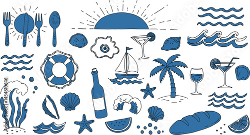 summer, abstract, wave, chalk, charcoal, doodle, scribble, grunge, vignetting, scratch, drawing, blue, vector, illustration, sea, beach, vintage, coastal, mediterranean, background, icon, print, hand,