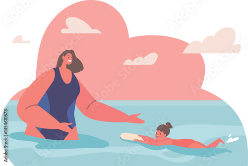Mother giving daughter swimming lesson