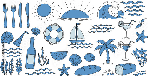 summer, abstract, wave, chalk, charcoal, doodle, scribble, grunge, vignetting, scratch, drawing, blue, vector, illustration, sea, beach, vintage, coastal, mediterranean, background, icon, print, hand,