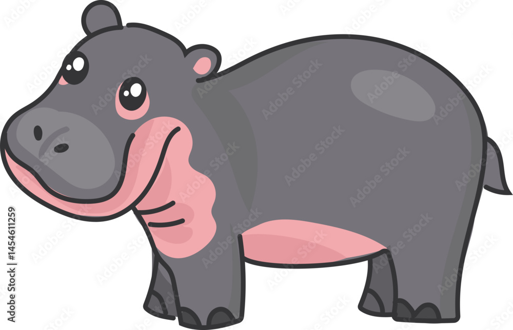 Fototapeta premium Chubby Hippo Standing and Smiling in Hand-Drawn Animal Icon