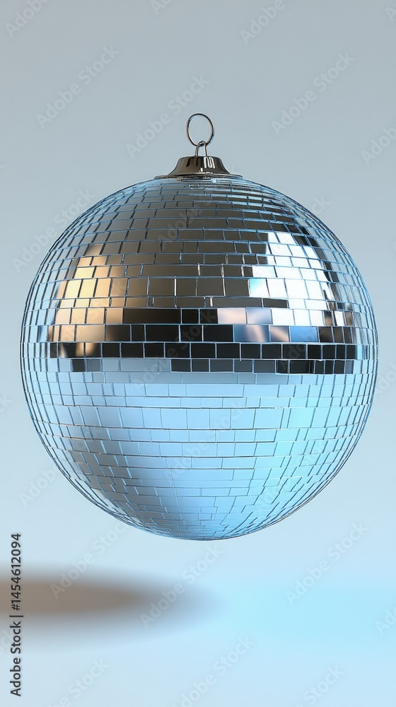 Fototapeta premium Reflective disco ball, comprised of tiny mirrors, hangs on soft blue gradient