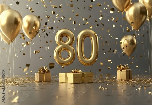 Celebratory Golden Balloons with Confetti for 80th Birthday Occasion