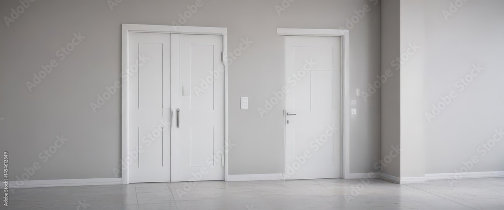 Fototapeta premium Clean white doors, various states, minimalist setting, perspective, room