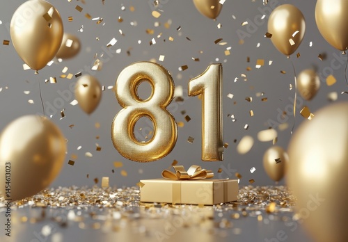 Golden Celebration with Balloons, Confetti, and Gift for 81st Birthday