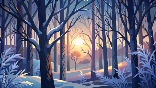 Evening light filters softly through frosted branches in the deep forest