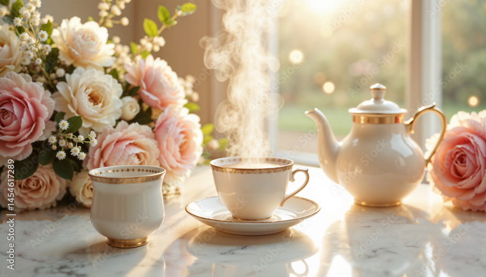 Fototapeta premium Elegant tea set, steaming cup and teapot, flower arrangement, warm sunlight, cozy atmosphere, copy space