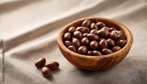 milk chocolate dragee in olive wood bowl on linen background
