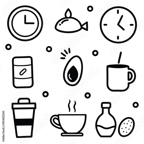 Breakfast Delights: A collection of icons representing the essentials for a satisfying breakfast, from timekeeping and food