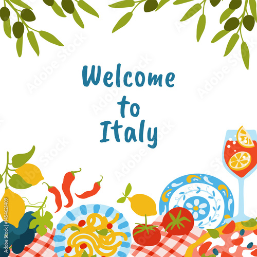Welcome to Italy . Summer travel. Greeting card