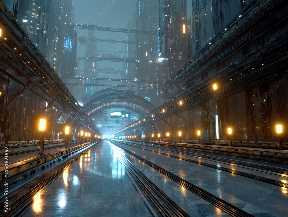 Fototapeta premium Futuristic cityscape featuring a central road with glowing lights, skyscrapers, and a modern architectural design under an overcast sky.