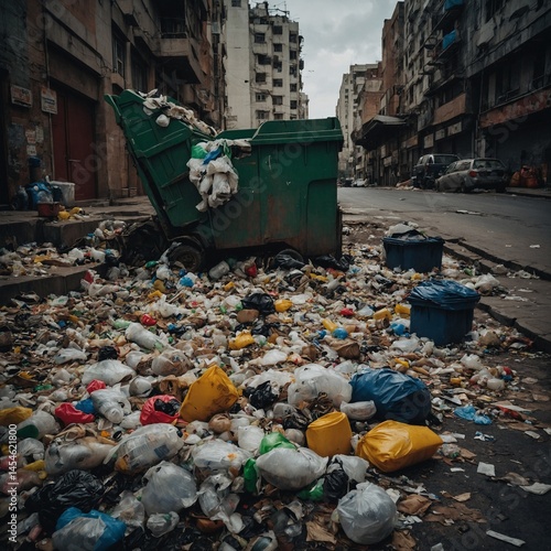 Wallpaper Mural Overfilled Waste Container Spills Trash Bags onto Road Amid Dilapidated City Buildings; Urban Pollution Crisis Torontodigital.ca