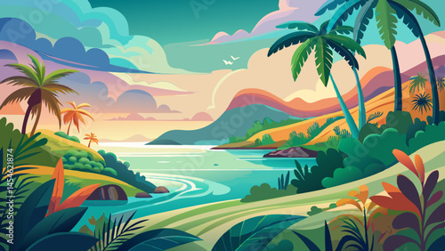 Vector design can bring this scene to life with smooth gradients, gentle curves, and a soft color palette.
Use wide strokes to show the expanse of ocean, and intricate shapes for the coral reef outlin