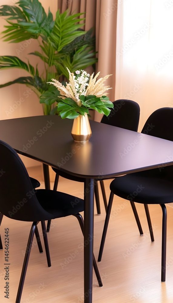 Modern dining set with black table and chairs, featuring a gold vase with dried floral arrangement and a tropical plant Modern dining set with black table and chairs, featuring a gold vase with dried floral arrangement and a tropical plant