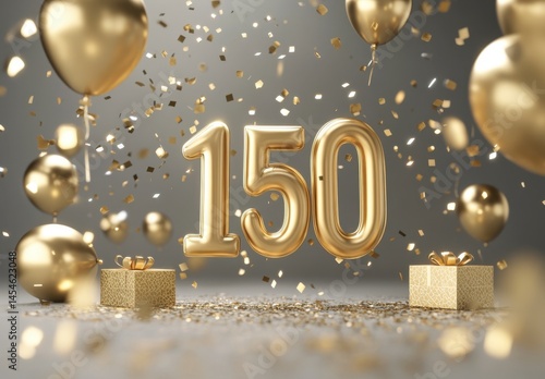Golden Celebration with Number 150, Balloons, Confetti, and Gifts