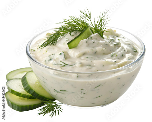 Fresh Creamy Tzatziki Sauce Garnished With Dill and Cucumber Slices