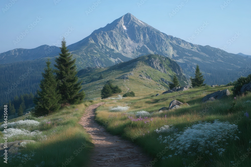 Scenic Mountain Trail with Wildflowers, Alpine Meadow Landscape Photography. Summer Hiking Path. Blue Sky Scenic Mountain Trail with Wildflowers, Alpine Meadow Landscape Photography. Summer Hiking Path. Blue Sky