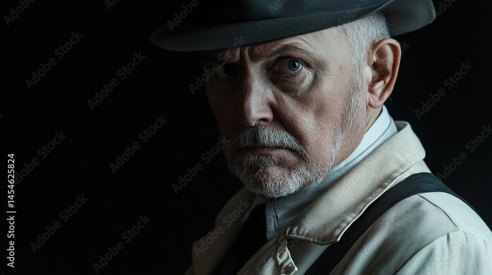 Mysterious man in a hat glances toward viewer with intriguing eyes and a stern expression in the shadows. Mysterious man in a hat glances toward viewer with intriguing eyes and a stern expression in the shadows.