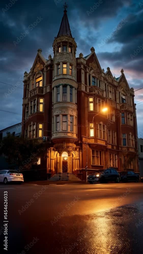 Elaborate brick building illuminated at dusk with tower and decorative features under a moody sky. Elaborate brick building illuminated at dusk with tower and decorative features under a moody sky.