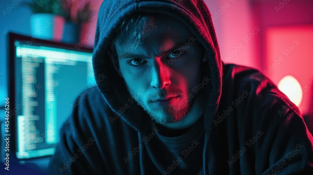 Young white male programmer in dark hoodie, tech-lit room, serious mood, RGB ambient light Young white male programmer in dark hoodie, tech-lit room, serious mood, RGB ambient light