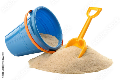 A blue bucket with orange trim and a yellow shovel next to a pile of sand on a transparent background