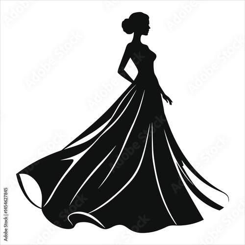 Elegant Vector Silhouette of a Woman in a Ball Gown/A sophisticated silhouette of a woman wearing a flowing ball gown.