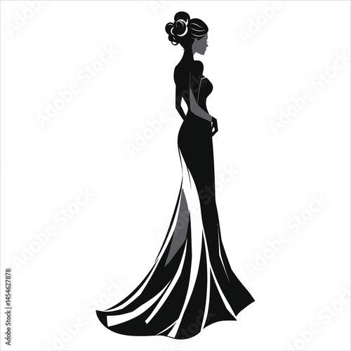 Elegant Silhouette Illustration of a Woman in a Formal Gown/A sophisticated black and white silhouette of a woman in a flowing formal gown.