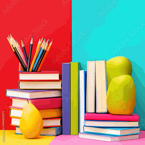 Vector illustration with a set of school supplies: notebooks, pens, pencils, rulers, books, textbooks and other items for studying. Bright and educational design.