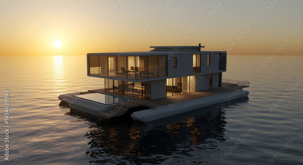 Modern Floating House on Ocean at Sunset | Luxury Waterfront Property, Architectural Design for Real Estate Marketing and Vacation Rentals Modern Floating House on Ocean at Sunset | Luxury Waterfront Property, Architectural Design for Real Estate Marketing and Vacation Rentals