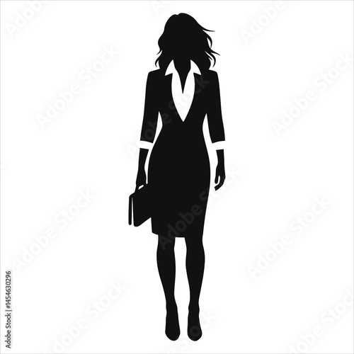 Professional Woman Vector Silhouette in Business Attire/A sophisticated silhouette of a woman in a business suit and carrying a briefcase, set against a simple, neutral backdrop.