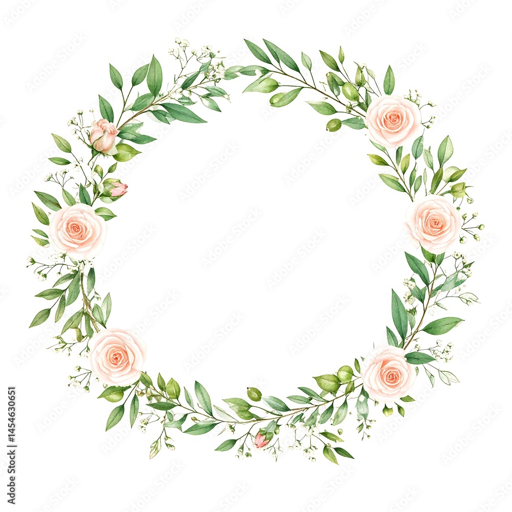Obraz premium Watercolor Floral Wreath: Peach Roses and Greenery